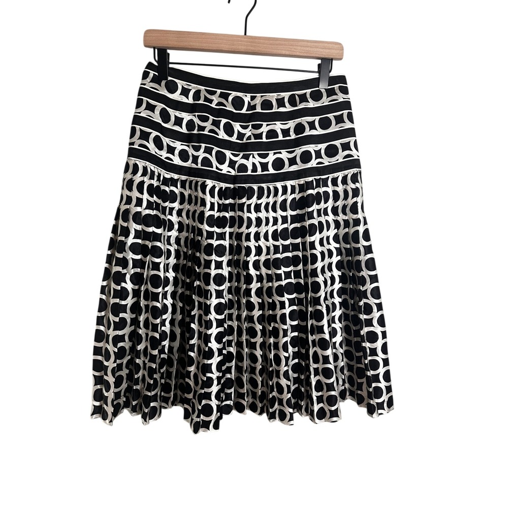 Charles Chang-Lim Black White 100% Silk Geometric Circle Pleated Skirt Size‎ 6